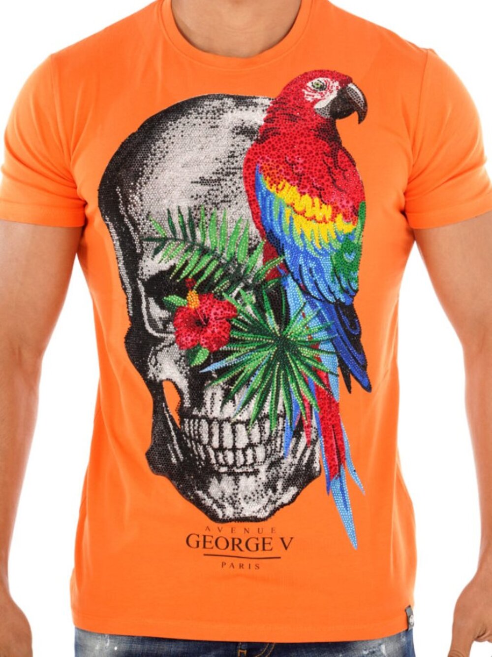 Avenue George V Paris Orange T-Shirt Skull Rhinestone Men's Short Sleeve Tee XL